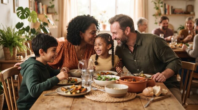 Diverse family gathers around a table enjoying a warm and cheerful meal together