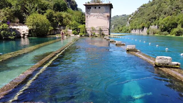 Italy, Umbria , Terni,  drone aerial view of  Nera Gorges a natural oasis close to Narni and Stifone - Mor&igrave;ca Spring and Cala del Mulino are carbonate aquifer with water at a constant temperature of 1