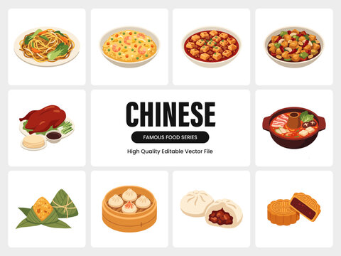 Chinese Famous Food Collection, Traditional Chinese Cuisine Flat Vector Illustration Set