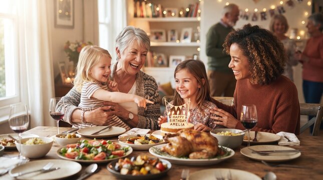 Joyful family gathers around a festive table filled with delicious food and celebration