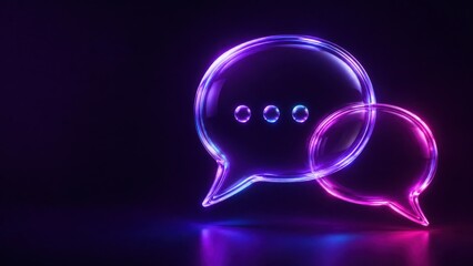 Obraz premium Glowing neon speech bubbles with purple and blue light for chat communication and message exchange.