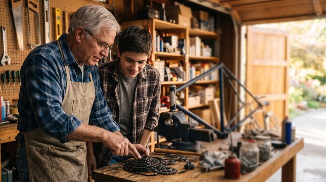 Grandfather teaching grandson how to inspect bicycle gears at a wooden workbench
