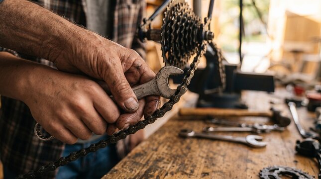 Detail of an older man guiding a younger person to repair a bicycle chain with a wrench