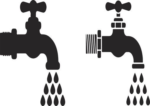 Two black silhouette of water faucets with drops