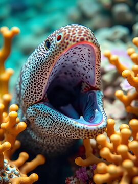 Moray eel's speckled body blends with coral as it opens its mouth wide, sea creatures, snorkeling