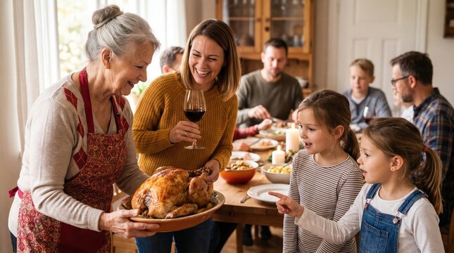 Warm family gathering around a dining table with a roasted turkey for thanksgiving dinner