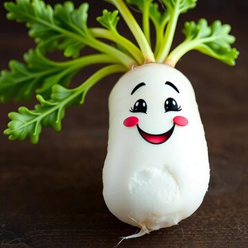 Crunchy, white radish with a cheerful face expression, highlighting its nutritional value, foodie, organic