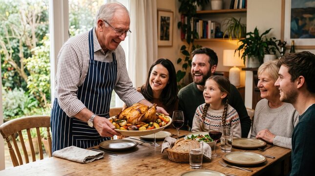 Grandfather carves a roasted turkey for a joyful family gathered around a dining table