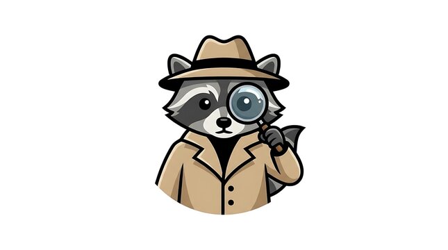 Raccoon detective character wearing hat and holding magnifying glass.