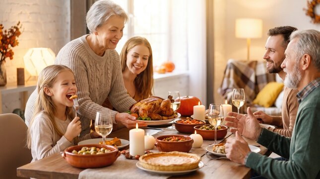 Warm family gathering around a bountifully set dining table enjoying a festive meal