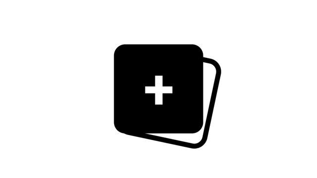 Minimalist black medical first aid icon featuring a white cross symbol on a rounded square, isolated on a white background. Suitable for healthcare, emergency care, medicine, hospital, clinic, and saf