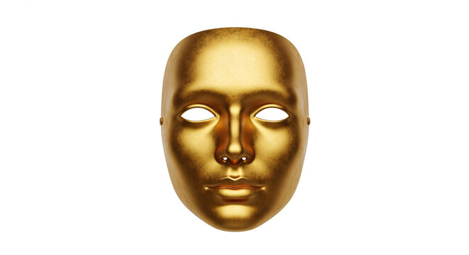 Golden Human Face Mask with Neutral Expression and Metallic Finish on White Background