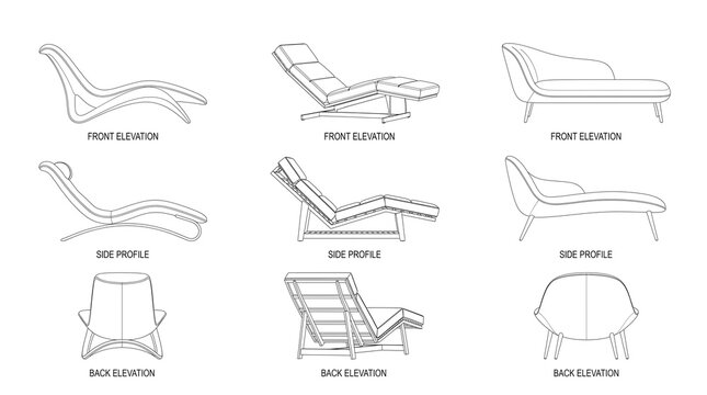 Chaise lounge chair architectural elevations modern interior furniture line drawings technical schematic vector