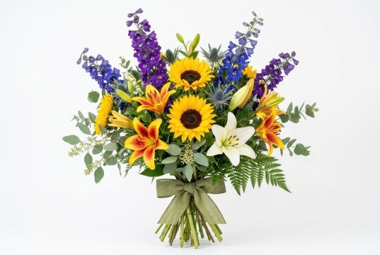 Vibrant Mixed Flower Bouquet with Sunflowers Lilies and Purple Delphinium Isolated on White Background