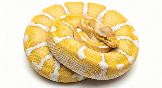Yellow and White Ball Python Snake Coiled on White Background