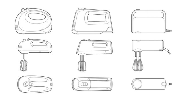 Electric Hand Mixer Line Art Blueprint Vector Set Showing Kitchen Appliance Technical Drawings and Orthographic Views