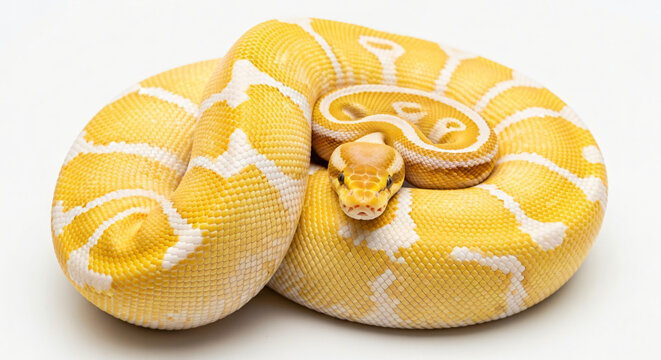 Yellow and White Ball Python Snake Coiled on White Background