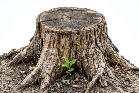 Old Tree Stump with New Green Sprout Growing at Base Isolated on White Background - Concept of New Life and Resilience