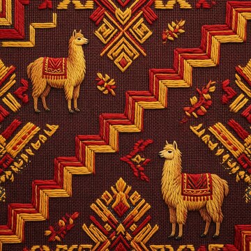 Andean llama embroidery on red textile fabric