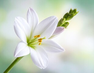 Fototapeta premium Beautiful White Lily Flower with Green Buds in Close Up View Isolated on Soft Blur Nature Background
