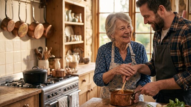 Senior woman and adult man cooking together in a rustic kitchen