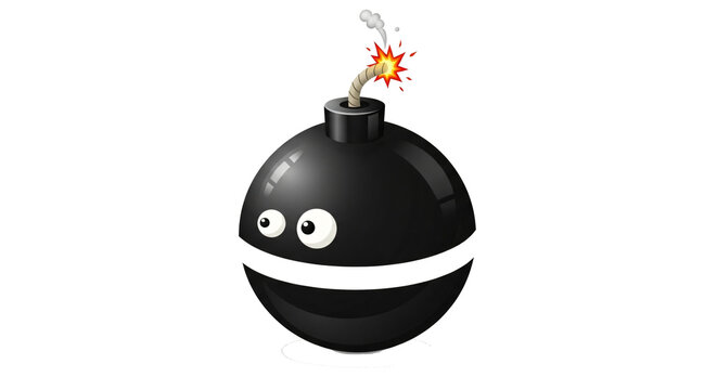 Cartoon Black Bomb with Eyes and Fuse Exploding on White Background