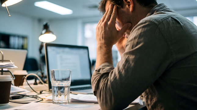 Man pressing his temple in pain while working at a cluttered office desk