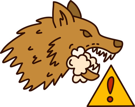 aggressive rabid wolf head growling with warning sign