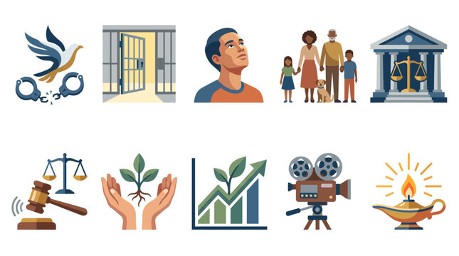 This illustration captures essential themes of justice and family, depicting imagery of scales, hands, growth symbols, and a community reflecting societal values.