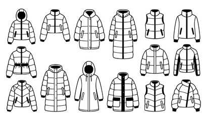 Winter puffer jacket line icon set featuring down coats quilted vests parkas and outerwear fashion apparel technical templates © MdShagarAli