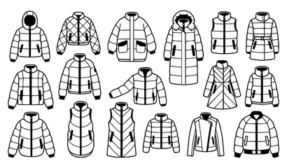 Winter jacket and puffer coat line icon set featuring down jackets quilted vests parkas and outerwear fashion technical sketches © MdShagarAli