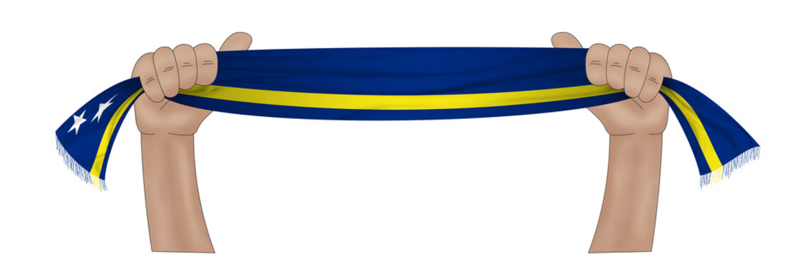 3D illustration. Hand holding flag of Curacao on a fabric ribbon background.