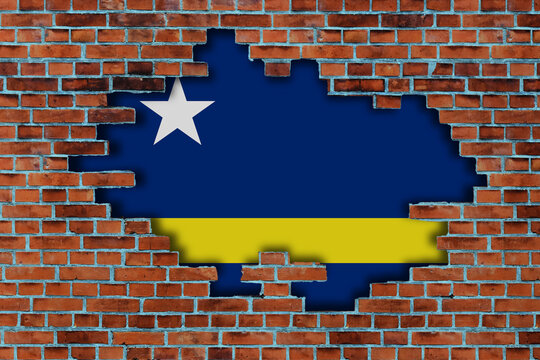 3D Flag of Curacao behind the broken old stone wall background.