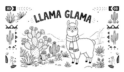 Fototapeta premium llama, glama, funny, doodle, cactus, desert, line art, hand drawn, cute, animal, scarf, southwest, mexican, boho, sketch, outline, coloring page, black and white, monochrome, quote, tribal, pattern, d