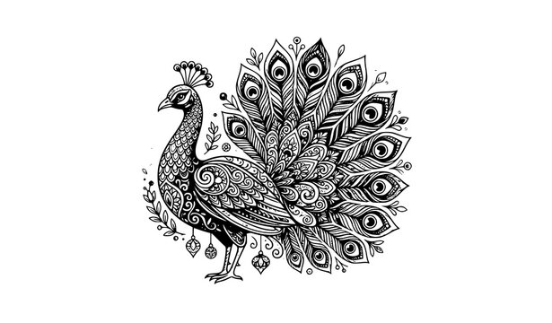 peacock, mandala, ornamental, bird, decorative, feather, pattern, tattoo, textile, hand drawn, line art, black and white, doodle, ethnic, boho, henna, zentangle, illustration, elegant, fantasy, detail