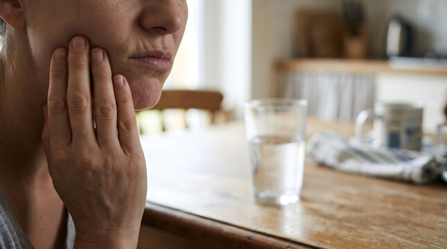 Woman holding her jaw in discomfort at a kitchen table