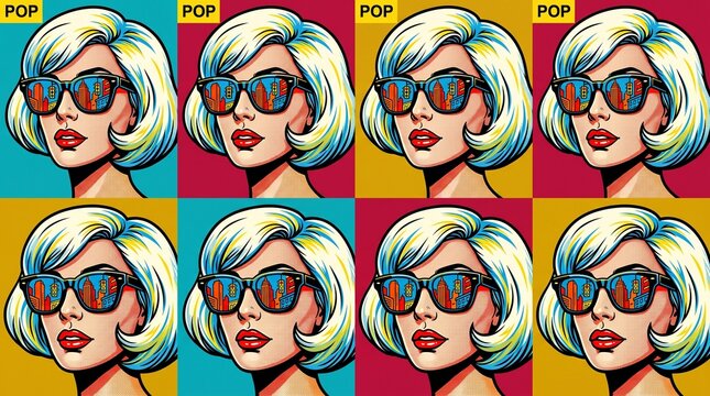 Pop art woman with blonde hair and sunglasses in vintage retro comic book style