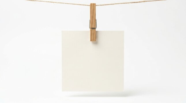 Blank white paper note hanging on a wooden clothespin against a clean isolated background