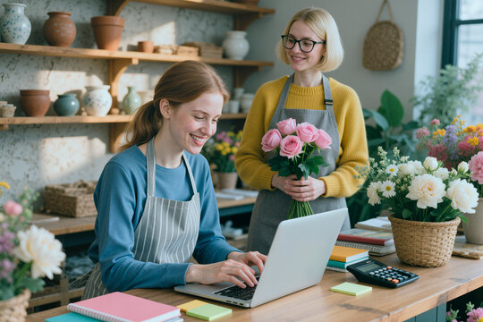 Two young adult Caucasian female florists working in flower shop, using laptop and holding roses. Image represents small business management and e-commerce marketing