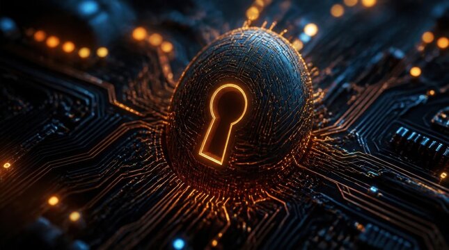A glowing digital fingerprint forms a secure keyhole symbol set against a dark, futuristic circuit board background with illuminated data pathways, symbolizing cyber protection and digital access.