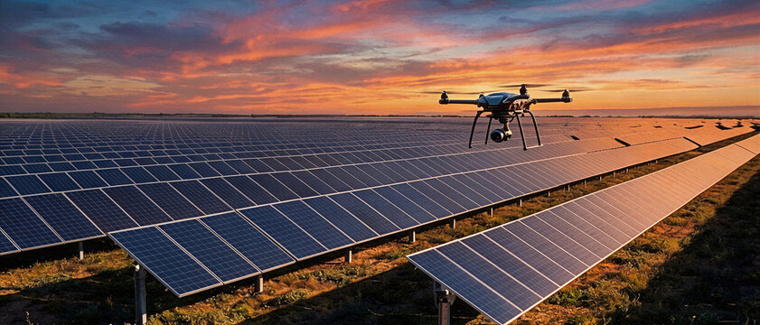 Drone inspecting large photovoltaic solar farm at dramatic sunset
