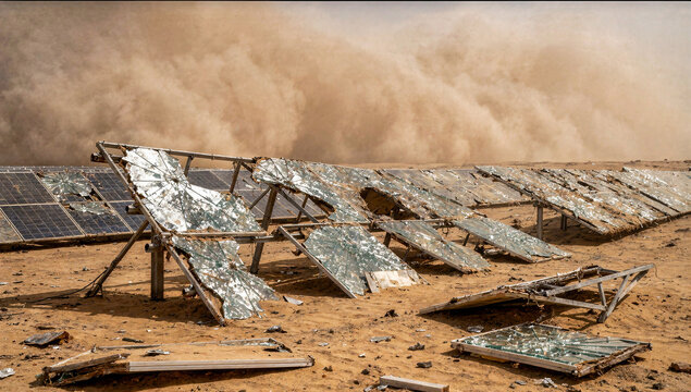 Destroyed photovoltaic panels after destructive desert sandstorm