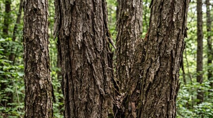 Obraz premium Close up of textured pine tree bark in a lush green forest.