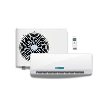 Air Conditioner System Set with Indoor Unit Outdoor Condenser and Remote Control Vector Illustration air conditioner fan