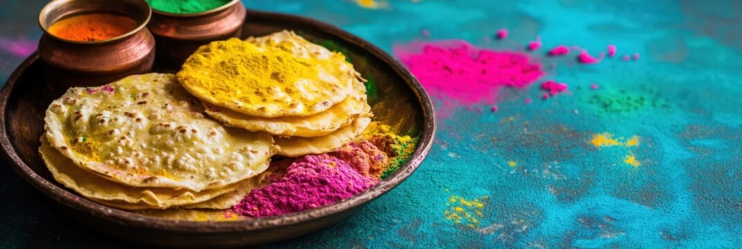 Holi Celebration with Colorful Powders and Indian Flatbread on Plate Photo.