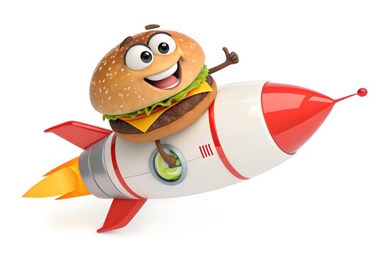 Happy burger character flying with rocket arms