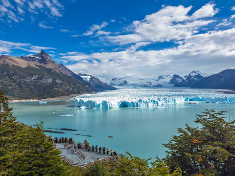 Perito Moreno Glacier View from Wooden Boardwalks in Los Glaciares National Park, Patagonia, Argentina with Tourists 
