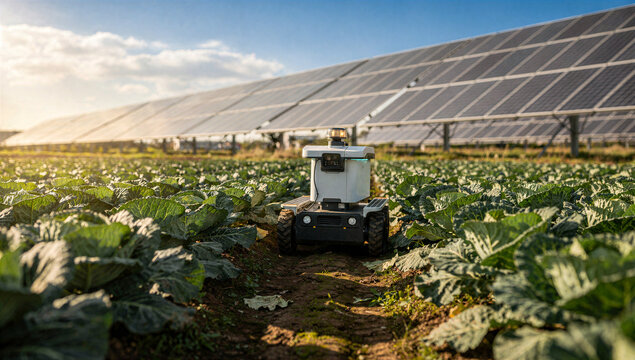 Autonomous agricultural robot working among crops beside photovoltaic panels