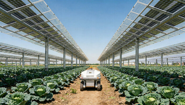 Agricultural field robot operating beneath elevated photovoltaic solar arrays