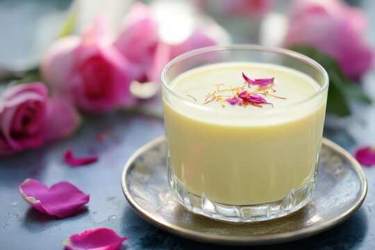 Happy Holi, Indian Festival Celebration-A glass of Thandai decor, saffron with rose petals on plate.